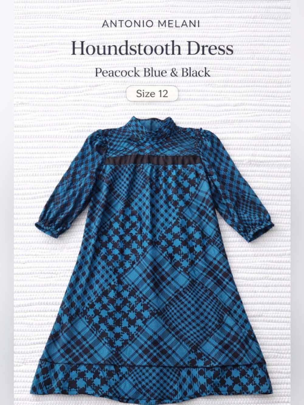 Antonio Melani Houndstooth Dress Blue Black A-Line Lined Sz 12